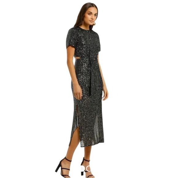 C/meo Dress MIDI Length Black Lustre Sequin Cutout Zip Back Size Large - Picture 1 of 9